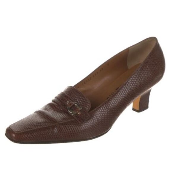 Ferragamo Brown Miista Leather Embossed Pumps Heels Size 9 - Picture 1 of 11